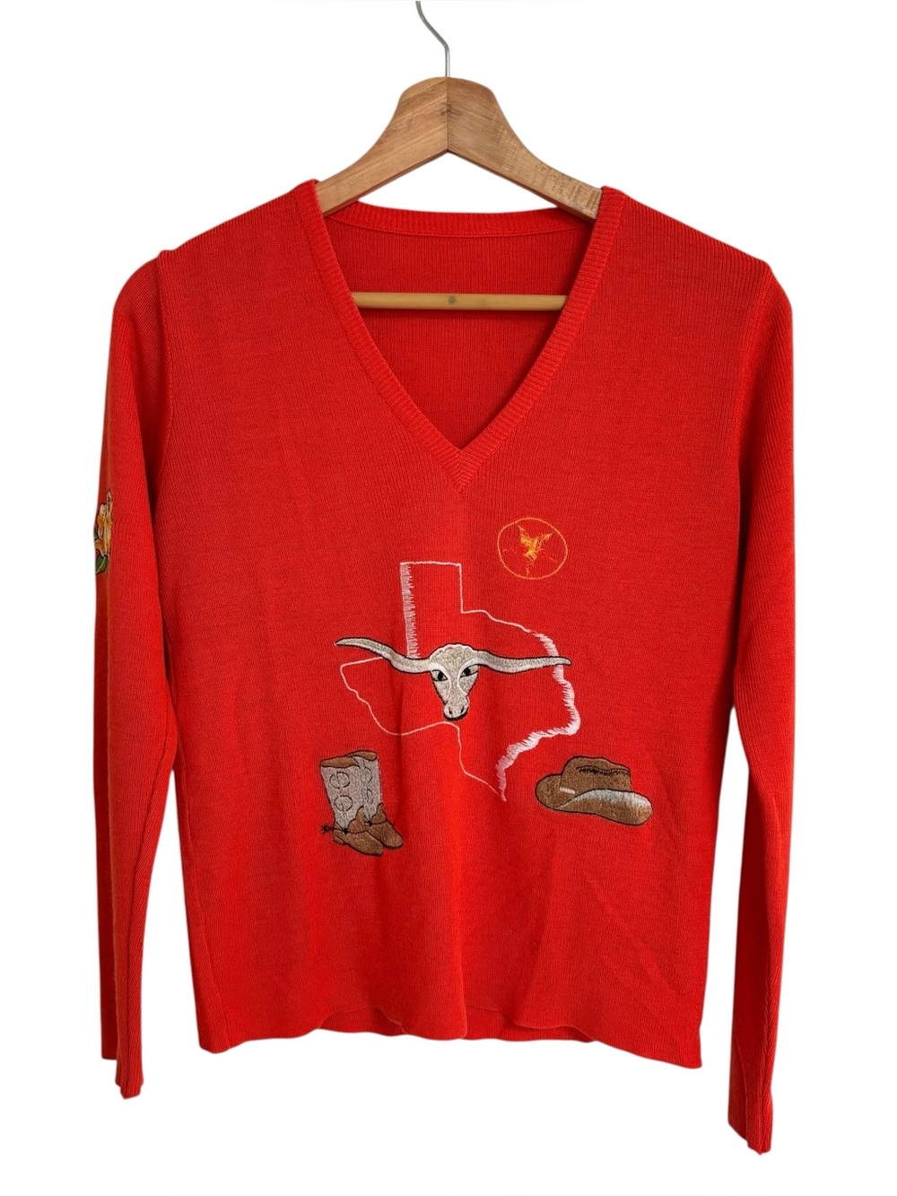 Vintage 70s Leroy Knitwear orange V Neck embroidered Texas theme western Top S